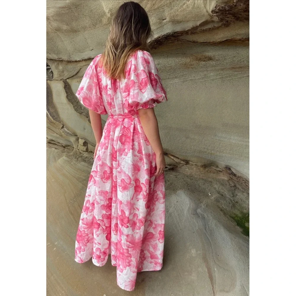 La Boheme Girls Camila Maxi Dress Aloha Pink Floral Button Front One Size NWT - Picture 3 of 16